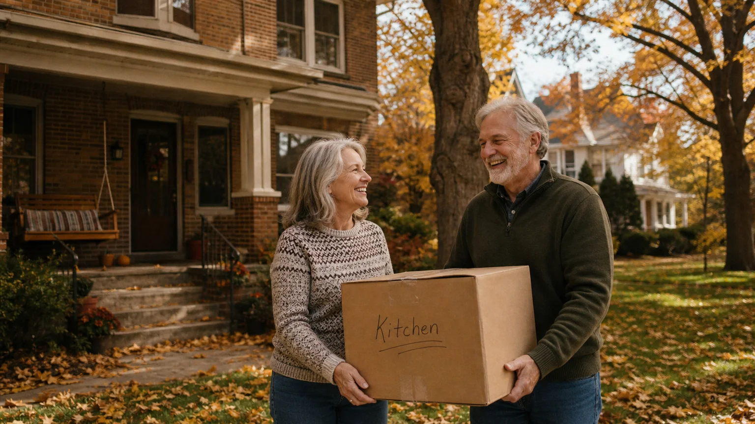 A smiling retired couple carries a moving box into their charming brick Craftsman home in a tree-lined Midwestern neighborhood.