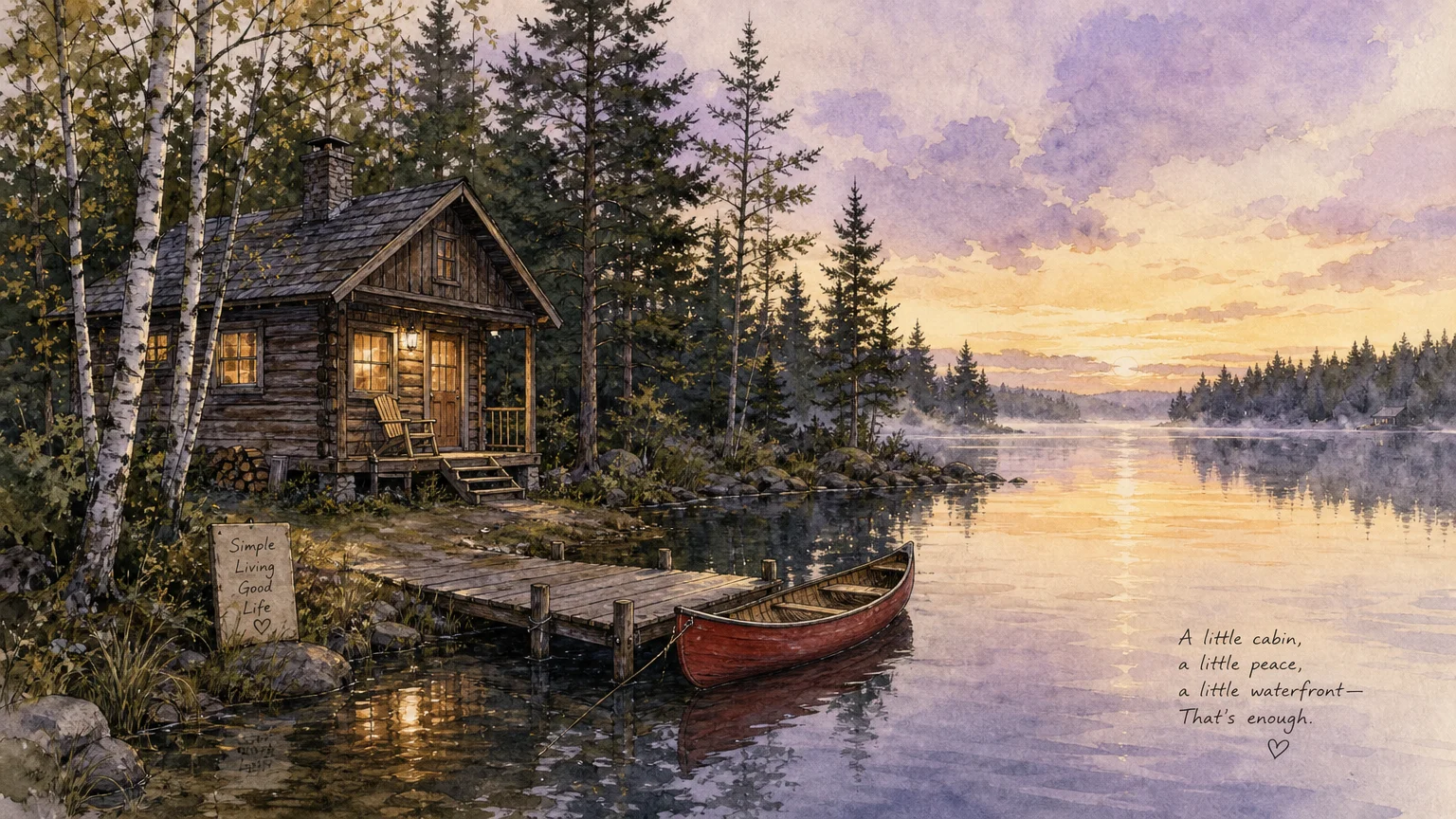 A soft watercolor illustration of a cozy lakeside cabin and a canoe tied to a small wooden dock.
