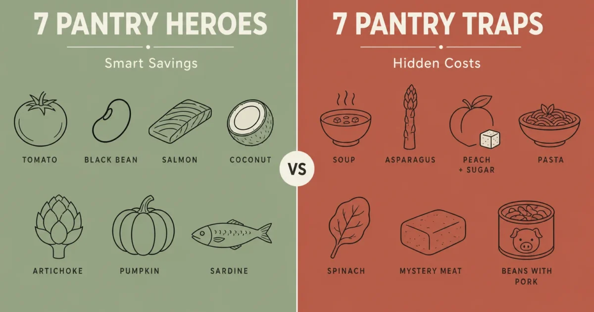 A split infographic comparing '7 Pantry Heroes' like tomatoes and beans against '7 Pantry Traps' like canned soups and processed meats.