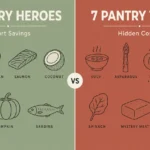 A split infographic comparing '7 Pantry Heroes' like tomatoes and beans against '7 Pantry Traps' like canned soups and processed meats.