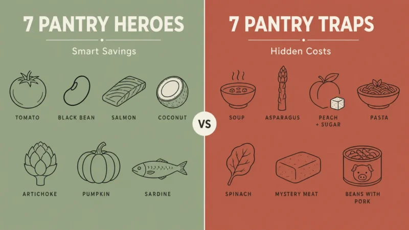 A split infographic comparing '7 Pantry Heroes' like tomatoes and beans against '7 Pantry Traps' like canned soups and processed meats.