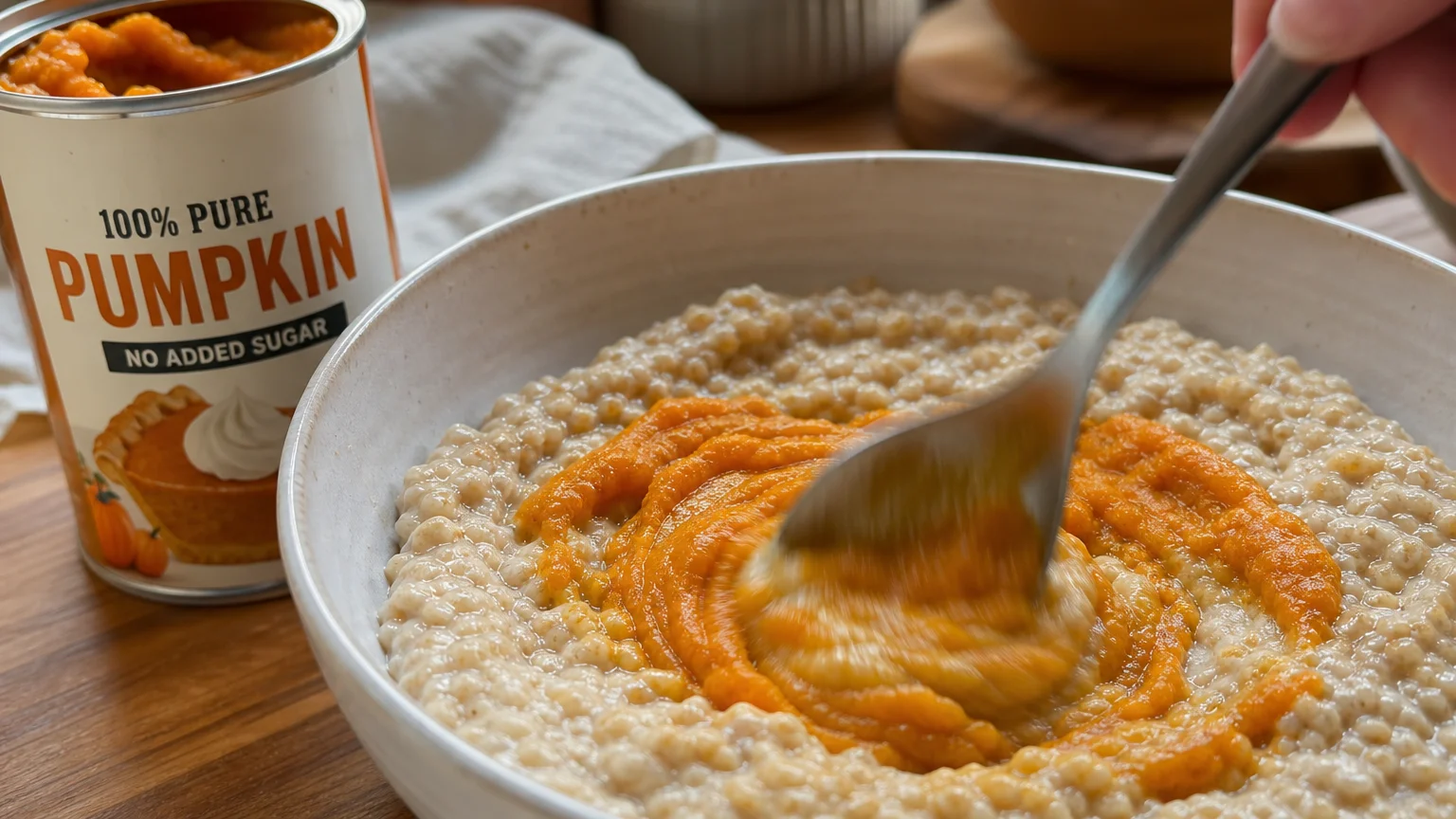 A spoonful of 100% pure pumpkin purée being stirred into a bowl of oatmeal for breakfast.