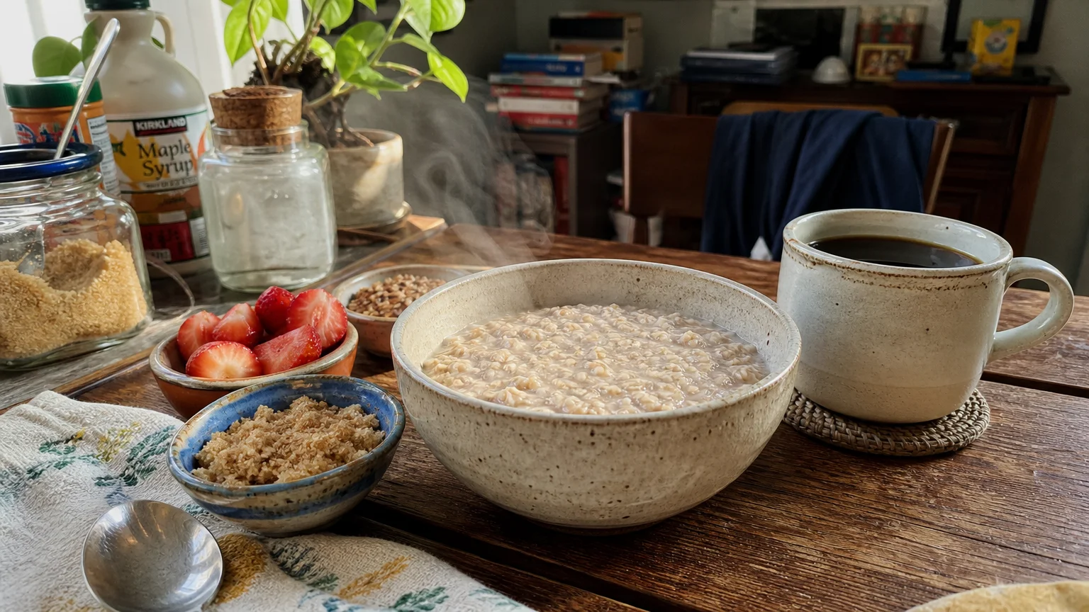 A steaming bowl of oatmeal on a kitchen table with toppings like brown sugar and fresh strawberries nearby.
