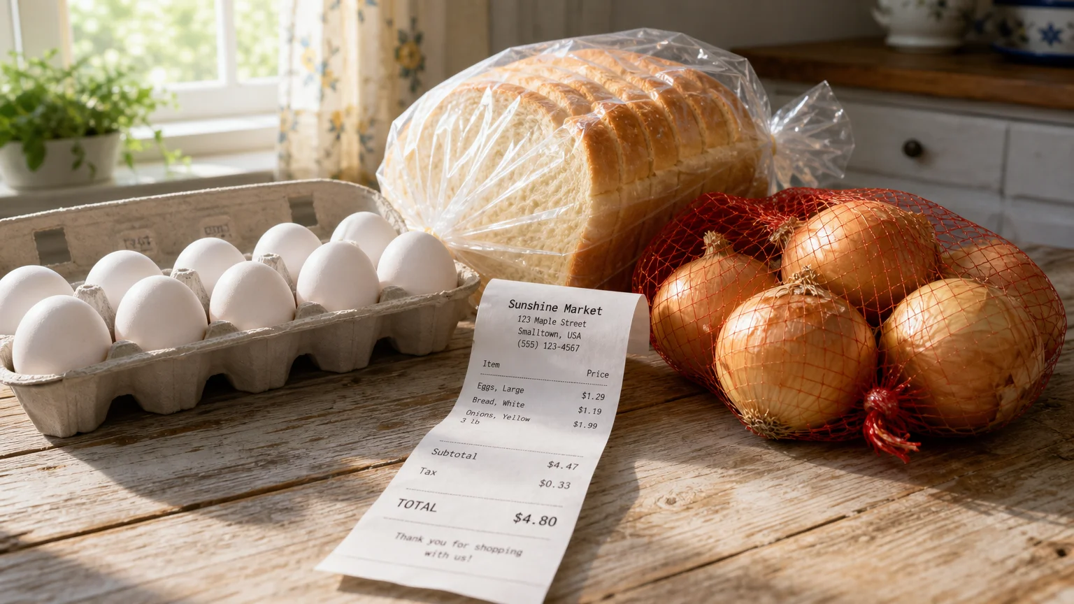 A still life photo of basic grocery staples next to a long printed paper receipt.