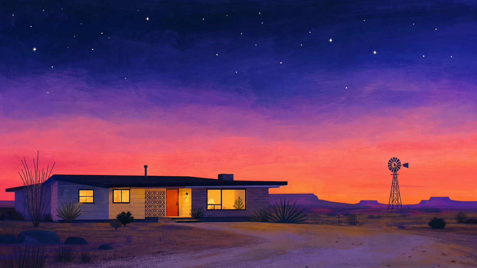 A stylized gouache illustration of an affordable Texas ranch house under a starry twilight sky.