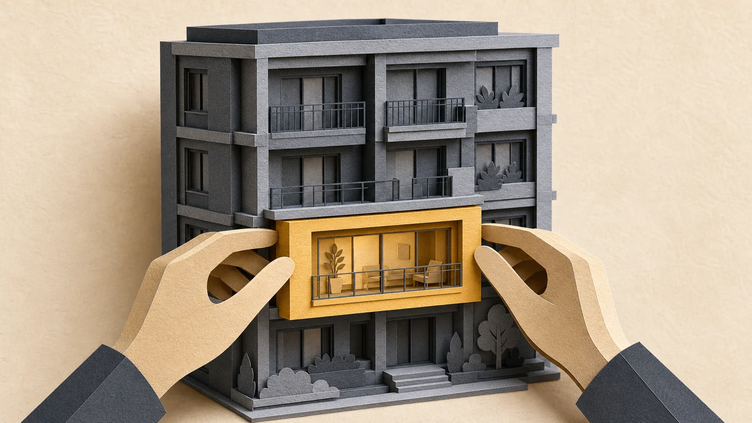 A stylized paper-craft collage showing a single highlighted unit pulled out from a modern apartment building.