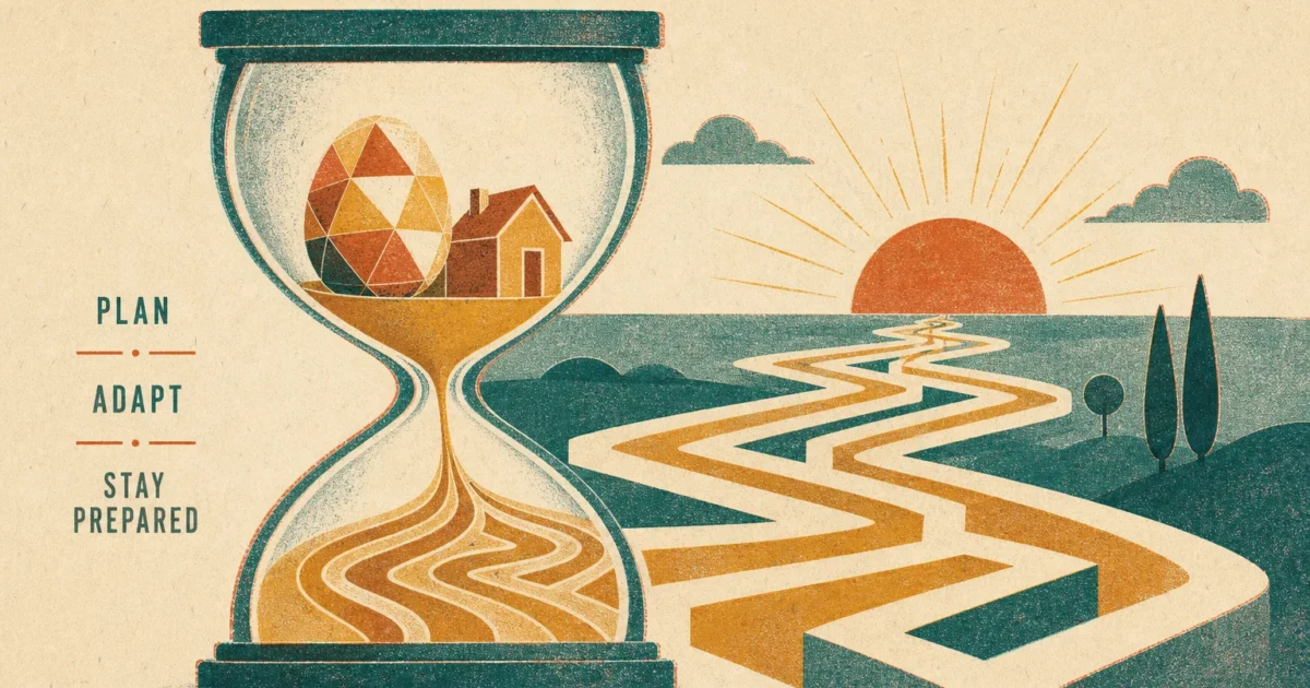 A stylized risograph illustration of an hourglass with sand turning into a winding path towards a sun, symbolizing retirement planning.