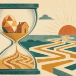 A stylized risograph illustration of an hourglass with sand turning into a winding path towards a sun, symbolizing retirement planning.
