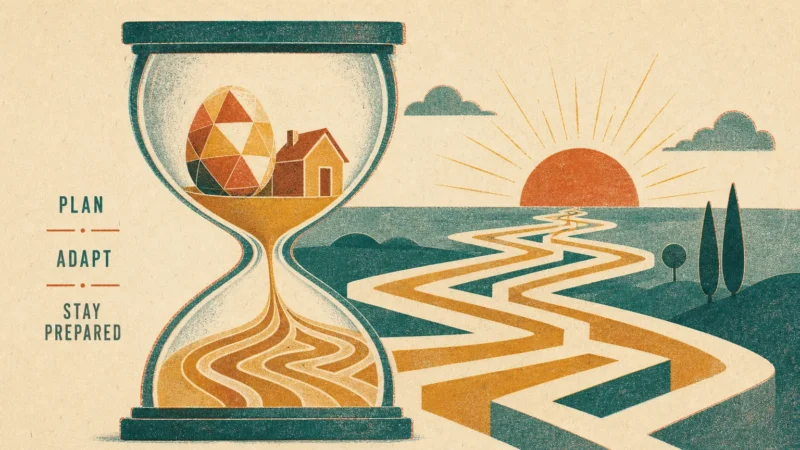 A stylized risograph illustration of an hourglass with sand turning into a winding path towards a sun, symbolizing retirement planning.