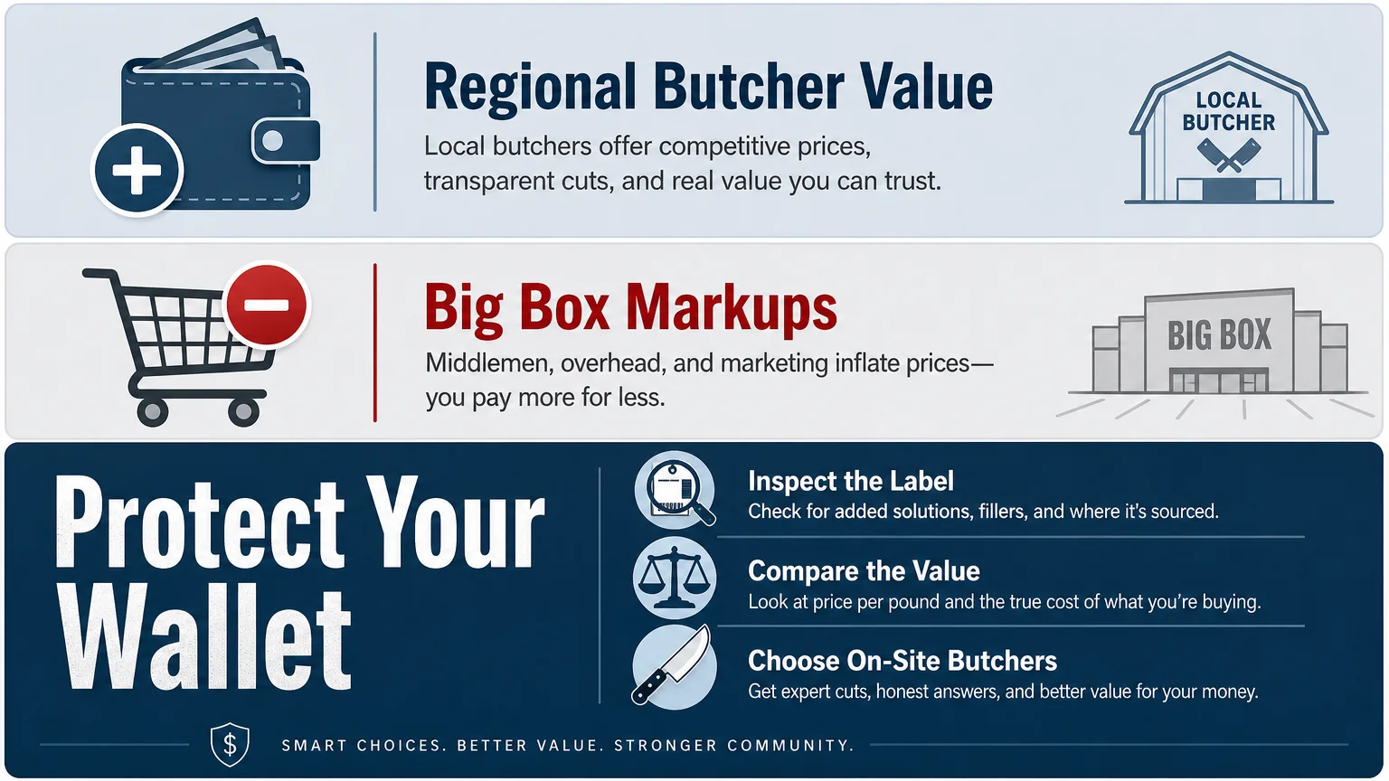 A summary infographic showing how to protect your wallet by choosing regional butchers over big-box markups.