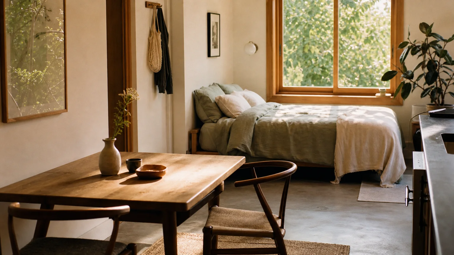 A sunlit, beautifully decorated studio apartment interior, showing a cozy bed and small dining area ready for a tenant.