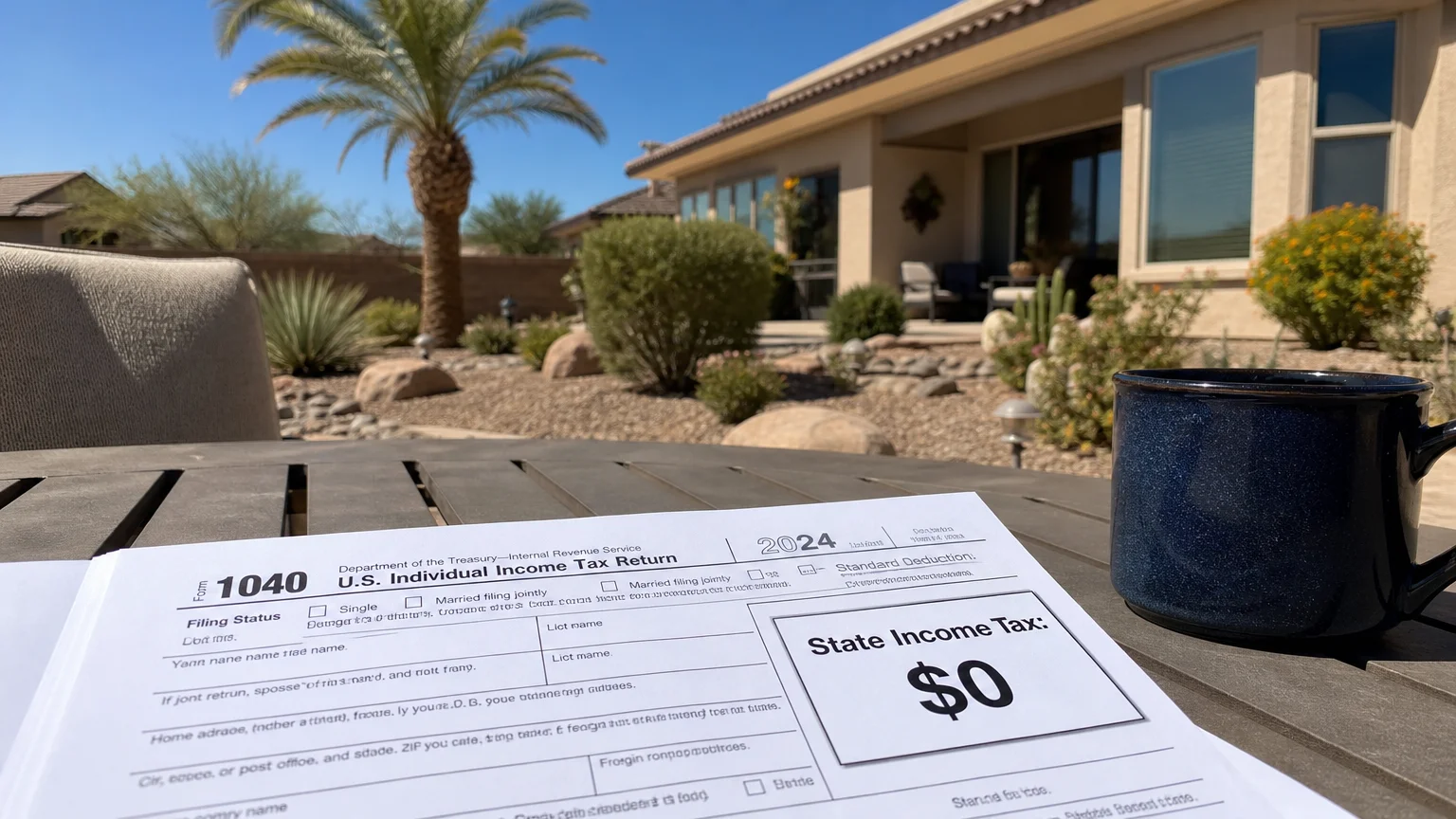 A sunny Nevada backyard with a tax form showing zero state income tax.