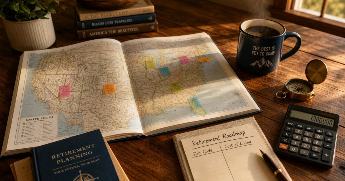 A tabletop with a US map, a calculator showing one million, and a notebook titled Retirement Roadmap under warm sunlight.