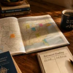 A tabletop with a US map, a calculator showing one million, and a notebook titled Retirement Roadmap under warm sunlight.
