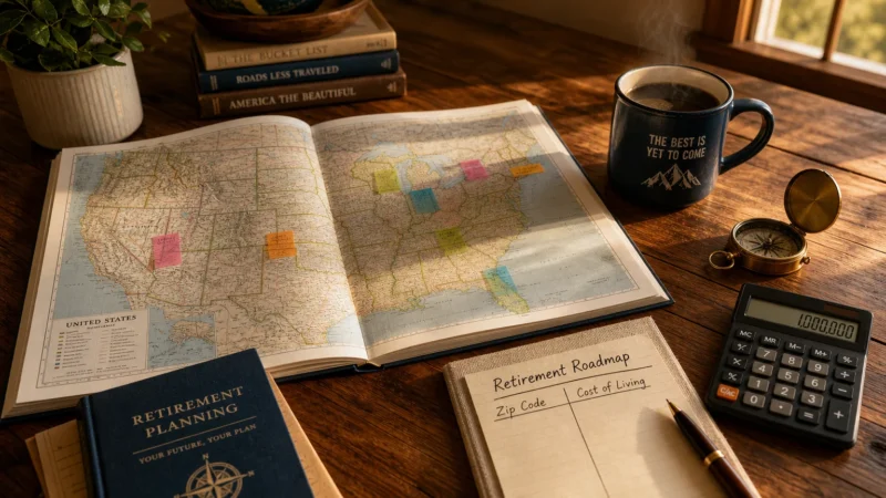 A tabletop with a US map, a calculator showing one million, and a notebook titled Retirement Roadmap under warm sunlight.