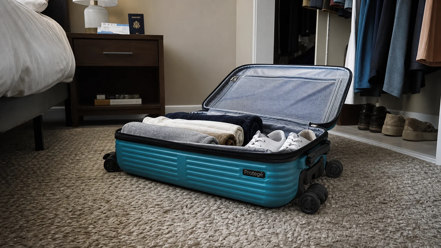 A teal Protege hard-sided suitcase sits open on a bedroom rug, partially packed for a trip.