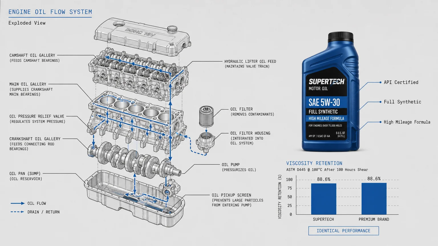 A technical diagram comparing Supertech motor oil performance to national brands, showing they meet the same API certifications.
