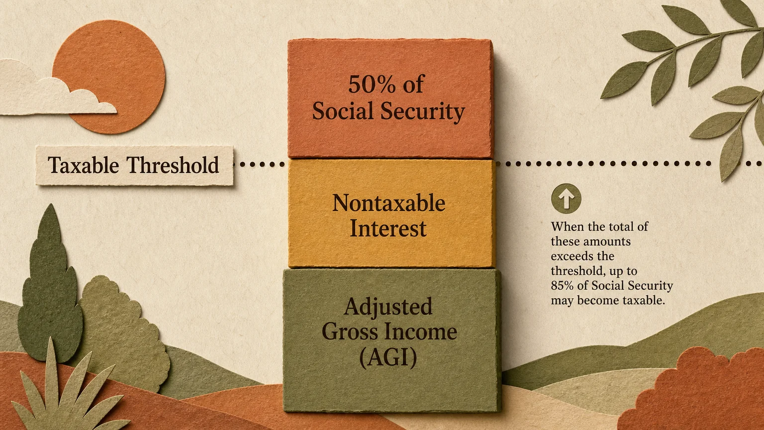 A textured paper collage showing AGI, nontaxable interest, and half of Social Security stacking up to cross a tax threshold.