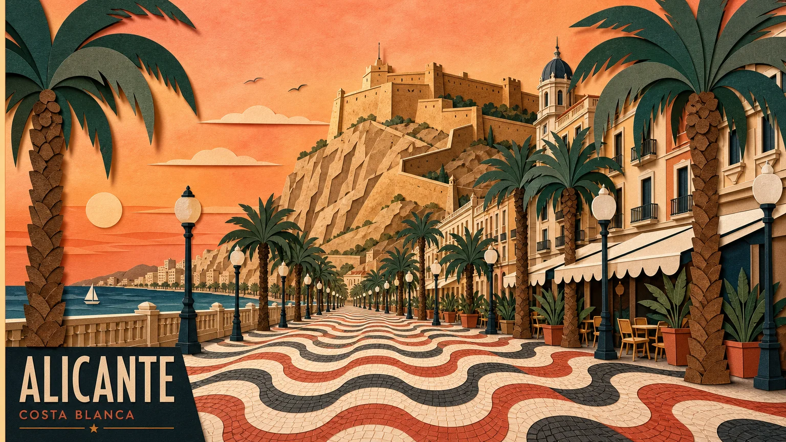 A textured paper-cut collage of Alicante's wavy promenade and the historic Santa Barbara Castle under a warm sunset.