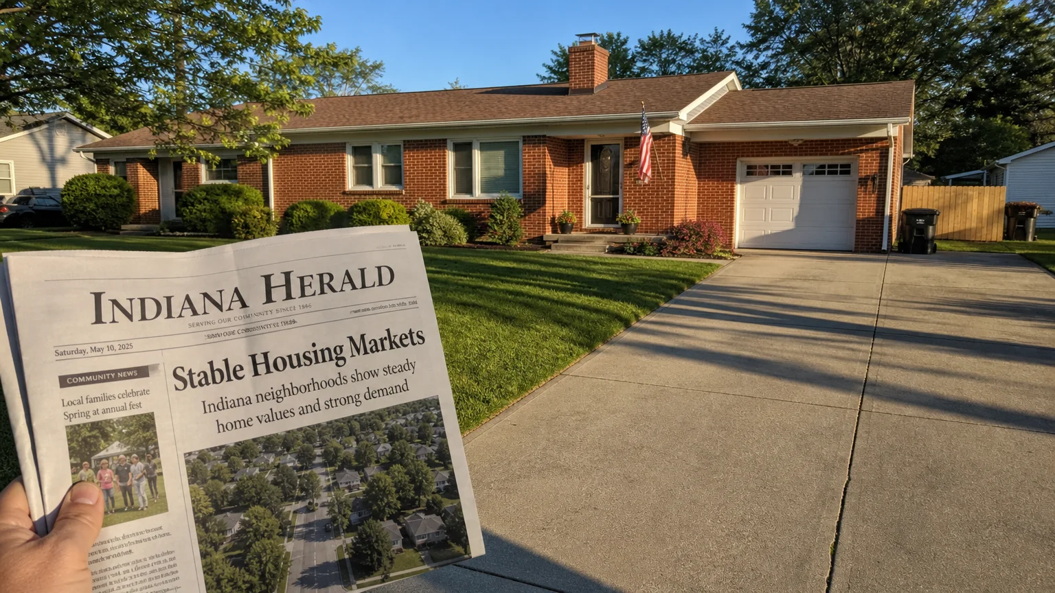 A tidy brick home in an Indiana neighborhood under a warm afternoon sun, representing affordable retirement.