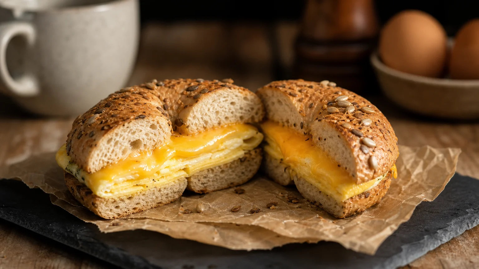 A toasted multigrain bagel breakfast sandwich with egg and cheese on parchment paper.