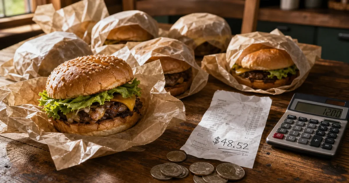 A variety of fast food burgers on a wooden table next to a pile of coins, a receipt for $48.52, and a calculator.