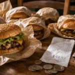 A variety of fast food burgers on a wooden table next to a pile of coins, a receipt for $48.52, and a calculator.