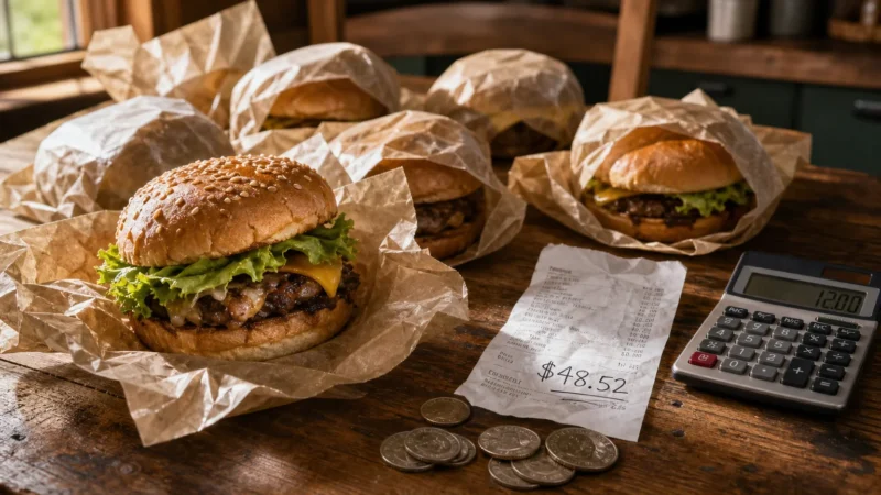 A variety of fast food burgers on a wooden table next to a pile of coins, a receipt for $48.52, and a calculator.