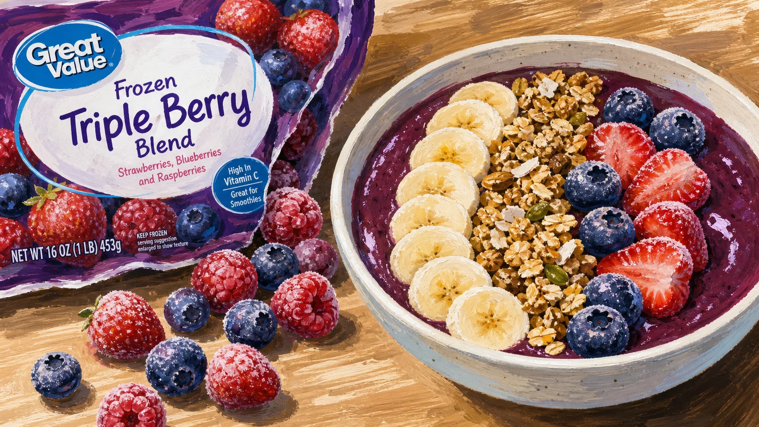 A vibrant illustration of a smoothie bowl topped with berries next to a bag of Great Value frozen fruit.