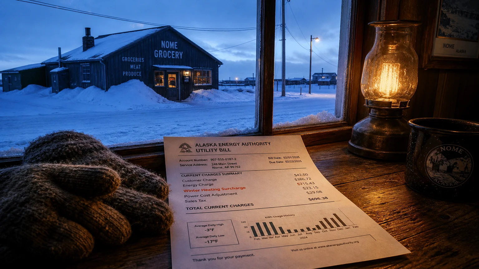 A view from a warm Alaskan interior looking out at a snowy landscape, with a utility bill and wool gloves in the foreground.