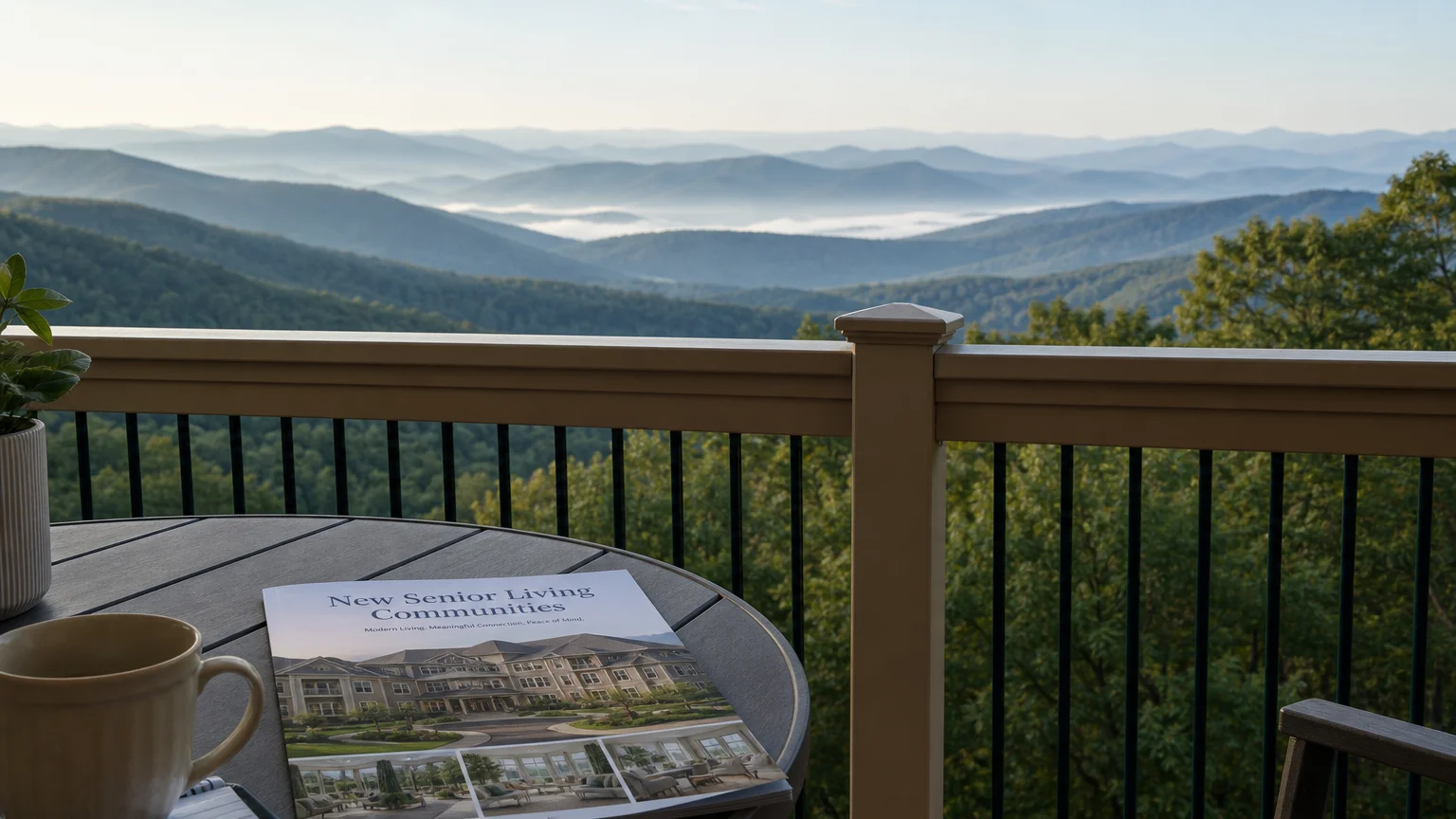 A view of the Blue Ridge Mountains from a balcony with a retirement community brochure.
