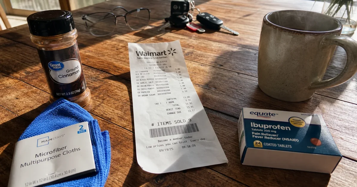 A Walmart receipt and several store-brand products like spices and medicine sit on a sunlit wooden kitchen table next to a coffee mug.