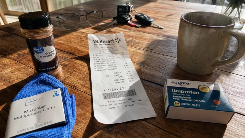 A Walmart receipt and several store-brand products like spices and medicine sit on a sunlit wooden kitchen table next to a coffee mug.