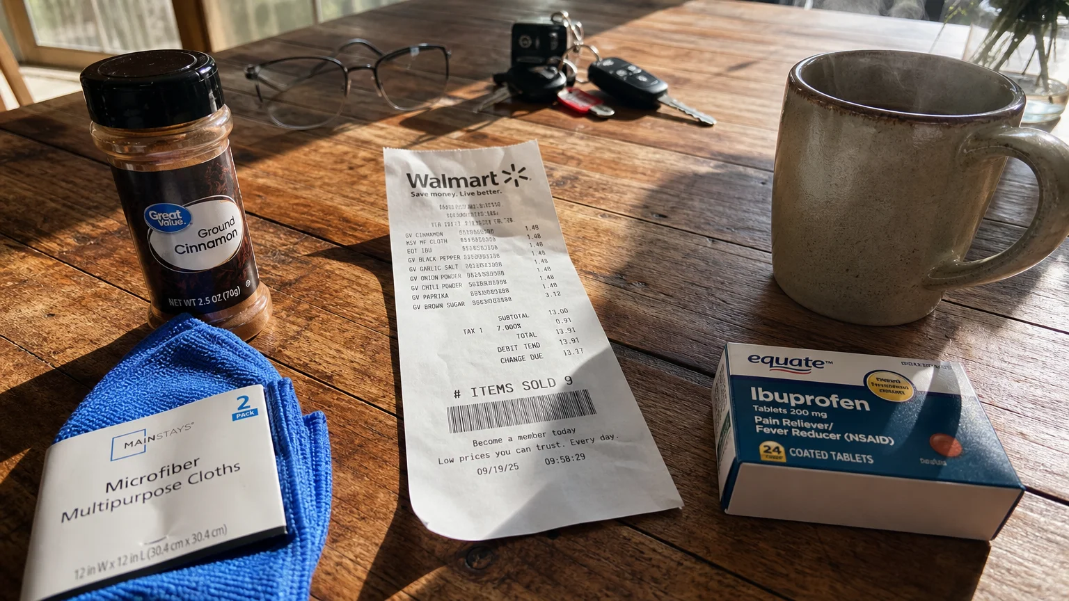 A Walmart receipt and several store-brand products like spices and medicine sit on a sunlit wooden kitchen table next to a coffee mug.