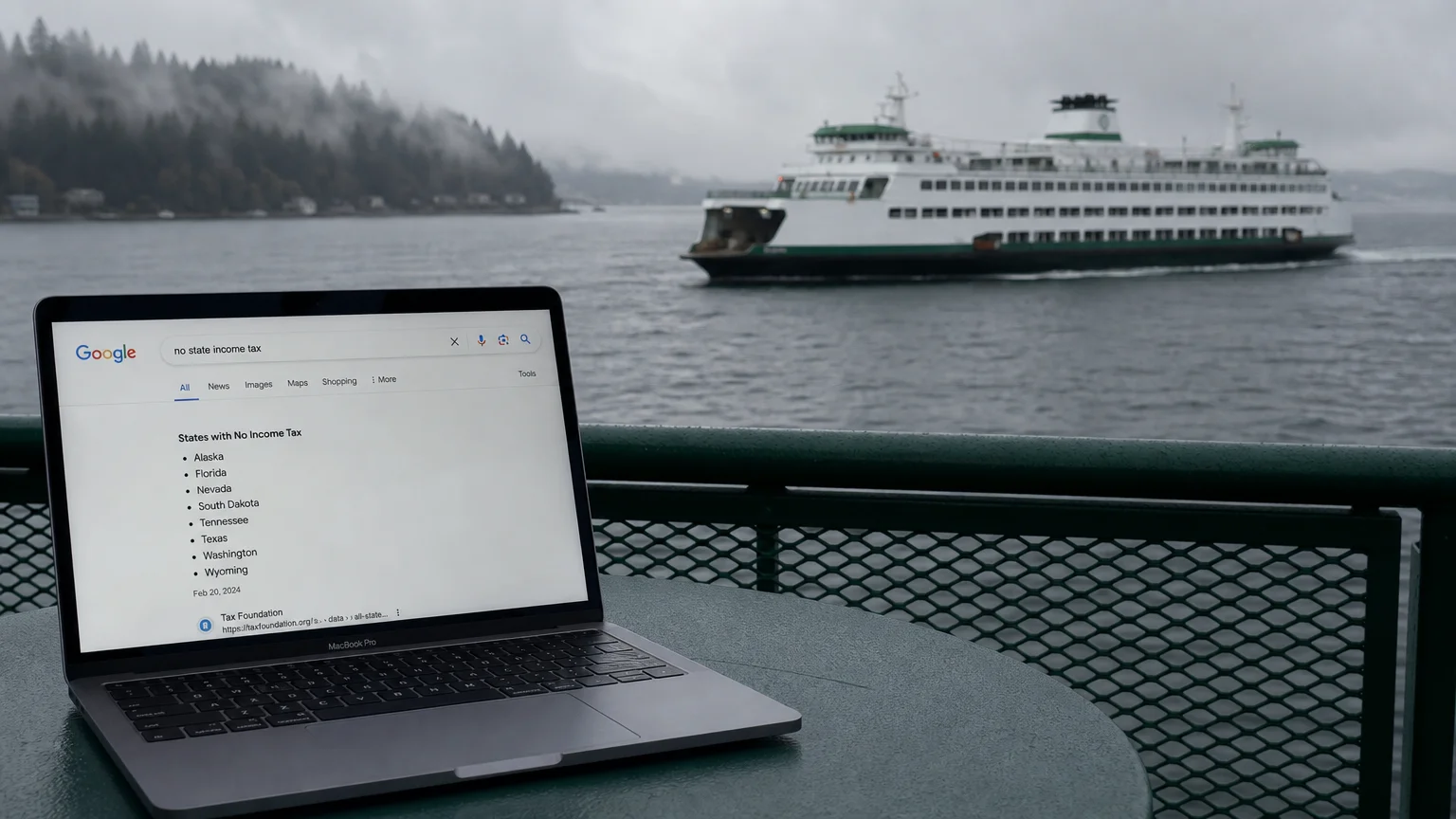 A Washington ferry with a laptop showing 'No State Income Tax' in the foreground.