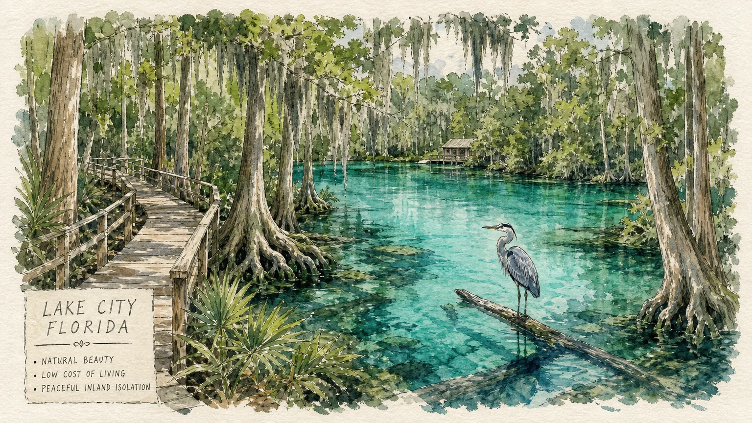 A watercolor and ink illustration of a pristine, clear natural spring surrounded by cypress trees in Lake City, Florida.