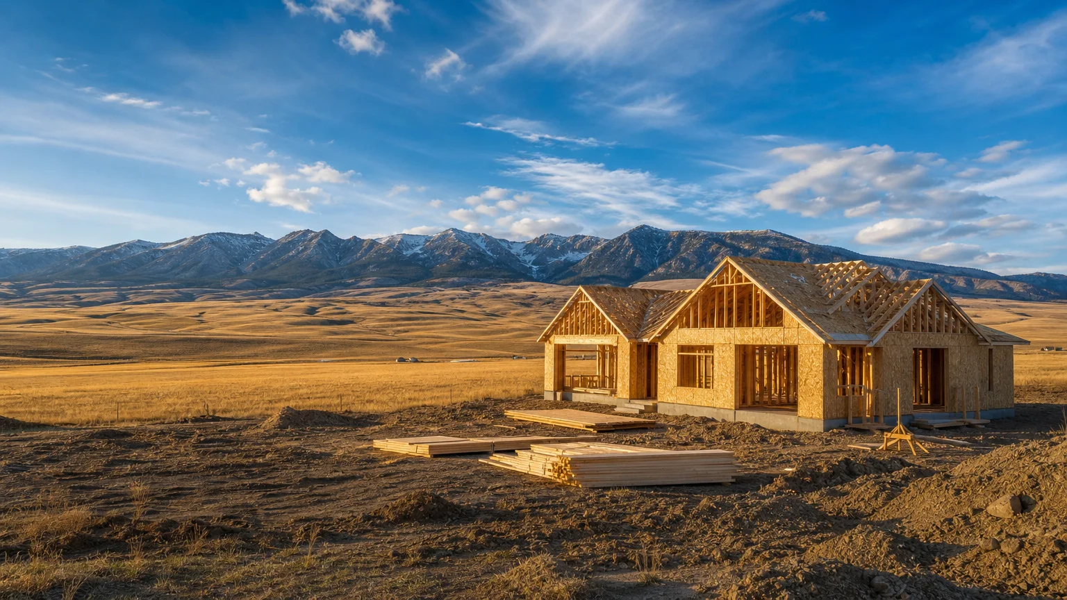 A wide Montana landscape with a new house under construction, reflecting rising demand.