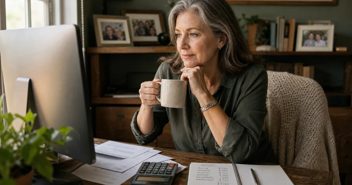 A woman in her early 60s sits at a wooden home desk with a calculator and paystubs, planning her finances in natural morning light.