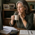 A woman in her early 60s sits at a wooden home desk with a calculator and paystubs, planning her finances in natural morning light.