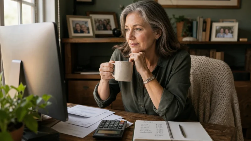 A woman in her early 60s sits at a wooden home desk with a calculator and paystubs, planning her finances in natural morning light.