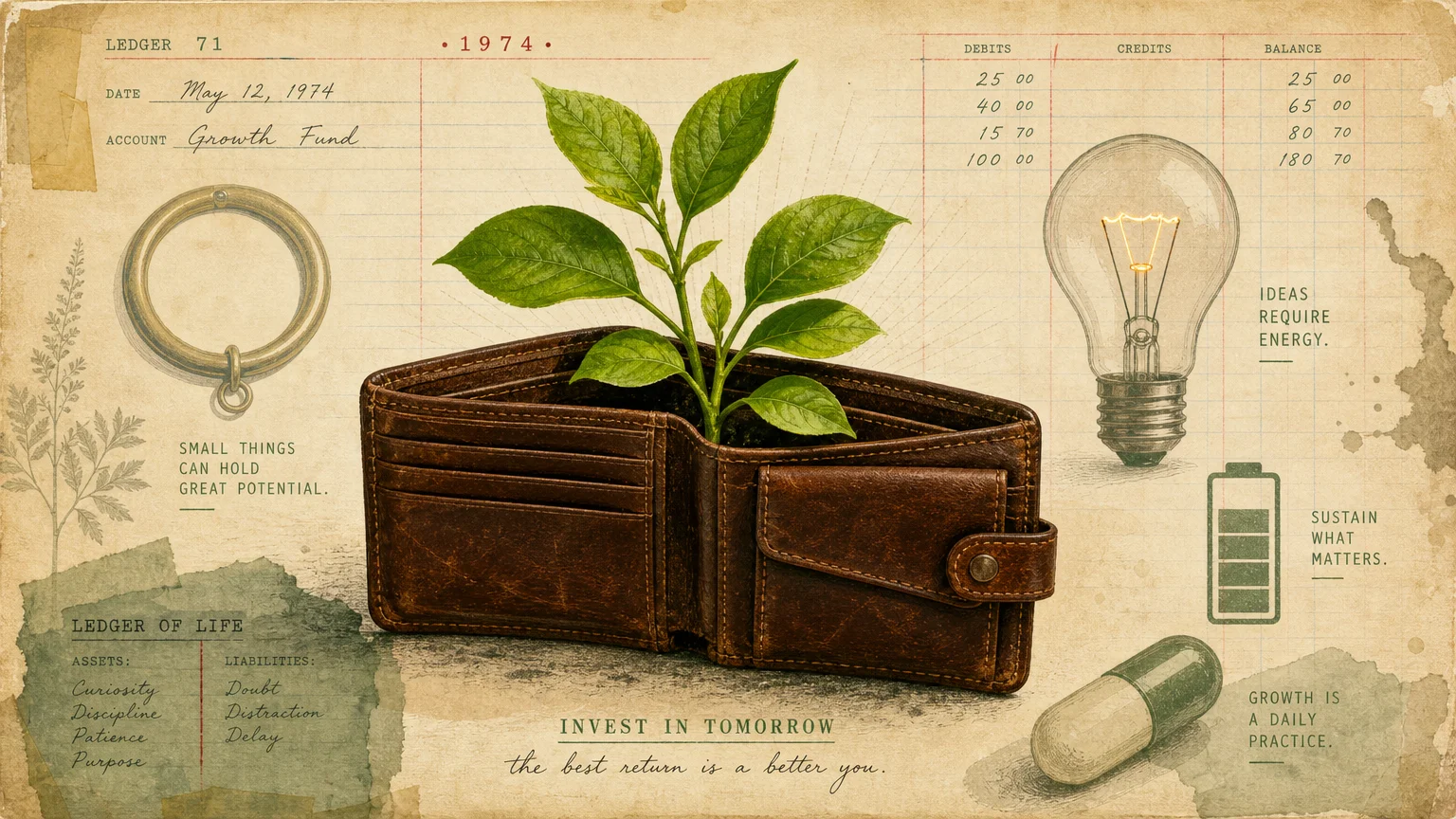 An artistic collage showing a wallet with a green plant growing out of it, surrounded by budget icons.