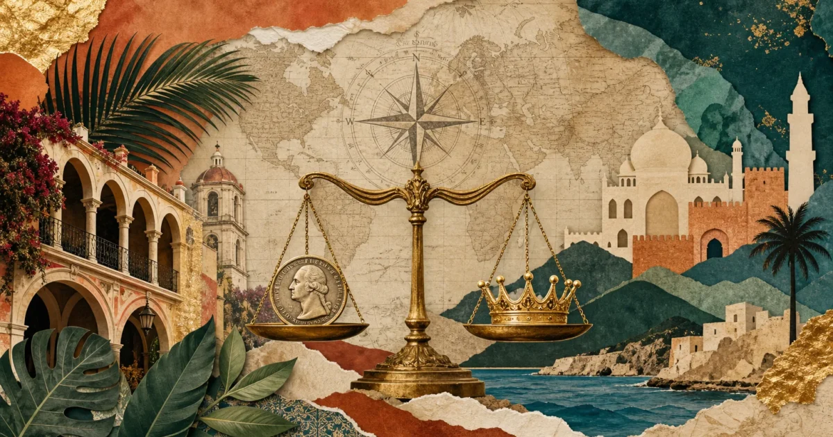 An artistic collage with a compass, world map, and a scale balancing a US dollar and a crown, representing luxury retirement abroad.