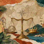 An artistic collage with a compass, world map, and a scale balancing a US dollar and a crown, representing luxury retirement abroad.