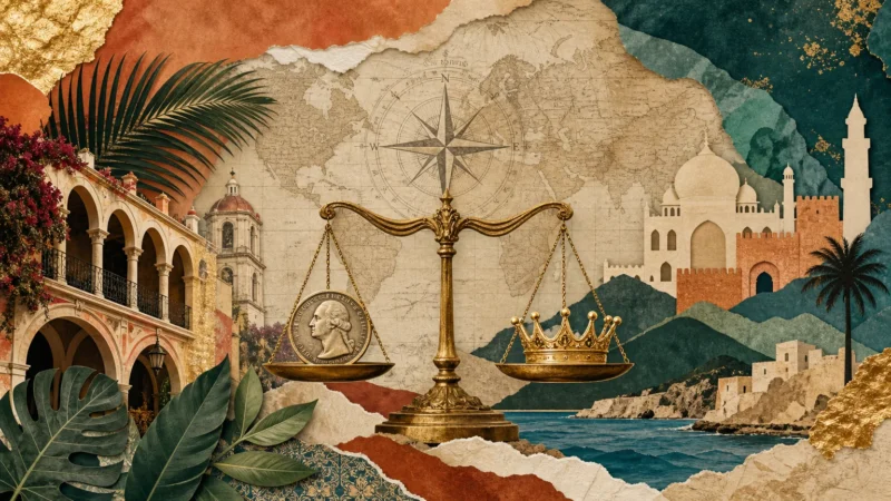 An artistic collage with a compass, world map, and a scale balancing a US dollar and a crown, representing luxury retirement abroad.