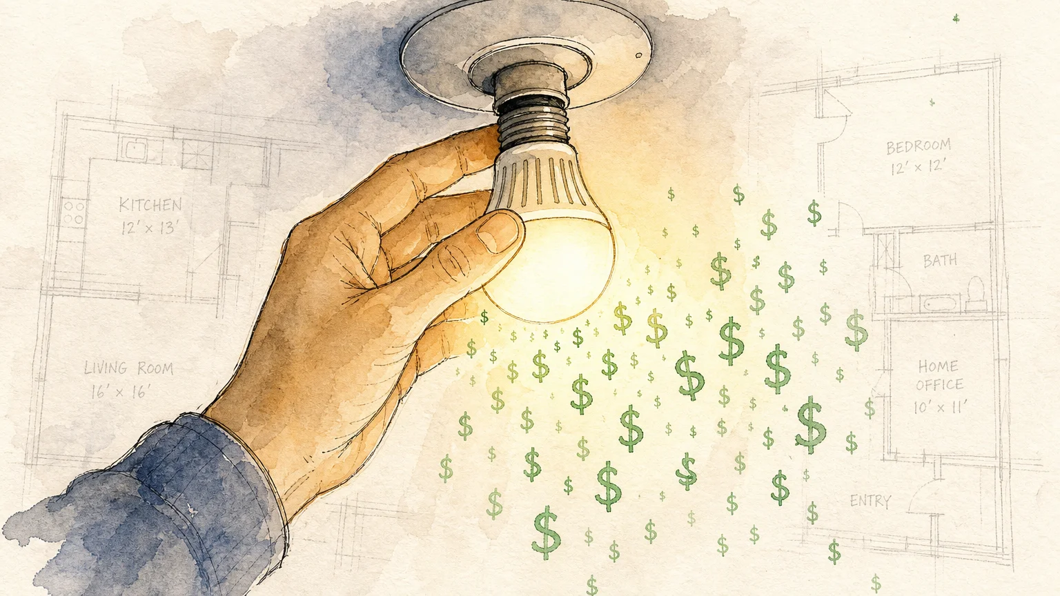 An artistic illustration of a light bulb being installed, with the light glowing as small dollar signs.