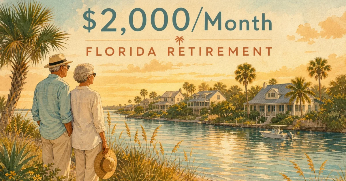 An editorial gouache illustration of a retired couple looking over a sunny Florida landscape with typography indicating a budget of $2,000 a