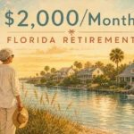 An editorial gouache illustration of a retired couple looking over a sunny Florida landscape with typography indicating a budget of $2,000 a