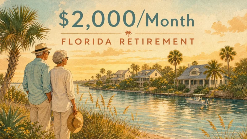 An editorial gouache illustration of a retired couple looking over a sunny Florida landscape with typography indicating a budget of $2,000 a