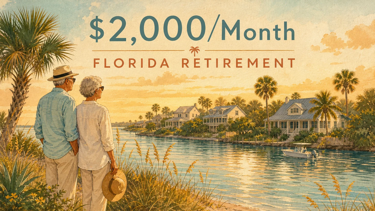 An editorial gouache illustration of a retired couple looking over a sunny Florida landscape with typography indicating a budget of $2,000 a