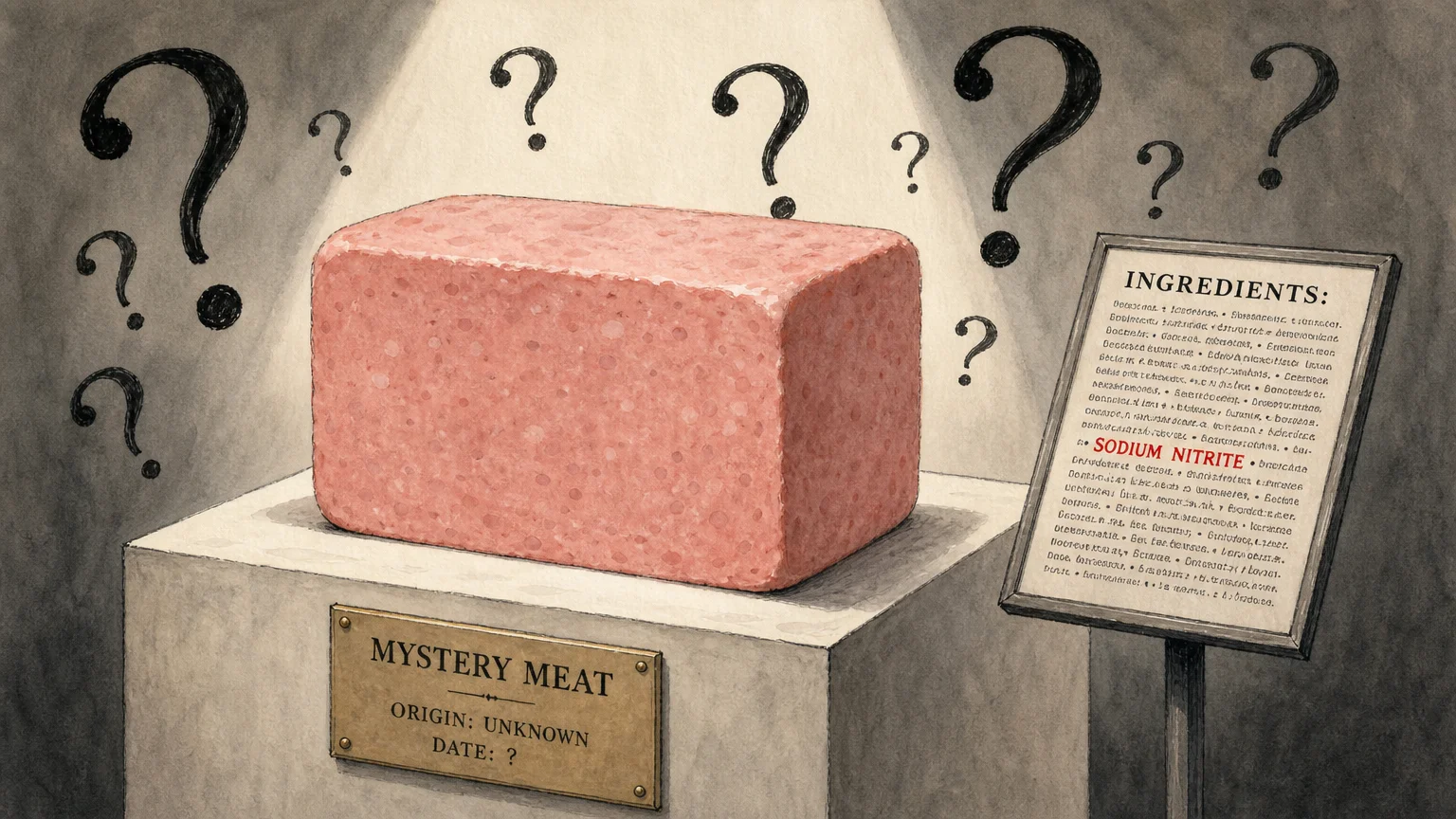 An editorial illustration of a block of canned meat with a label highlighting complex chemical additives.